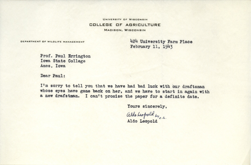Aldo Leopold letter to Paul Errington, February 11, 1943