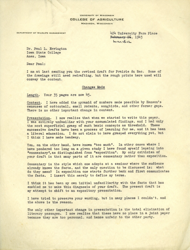 Aldo Leopold letter to Paul Errington, March 12, 1943