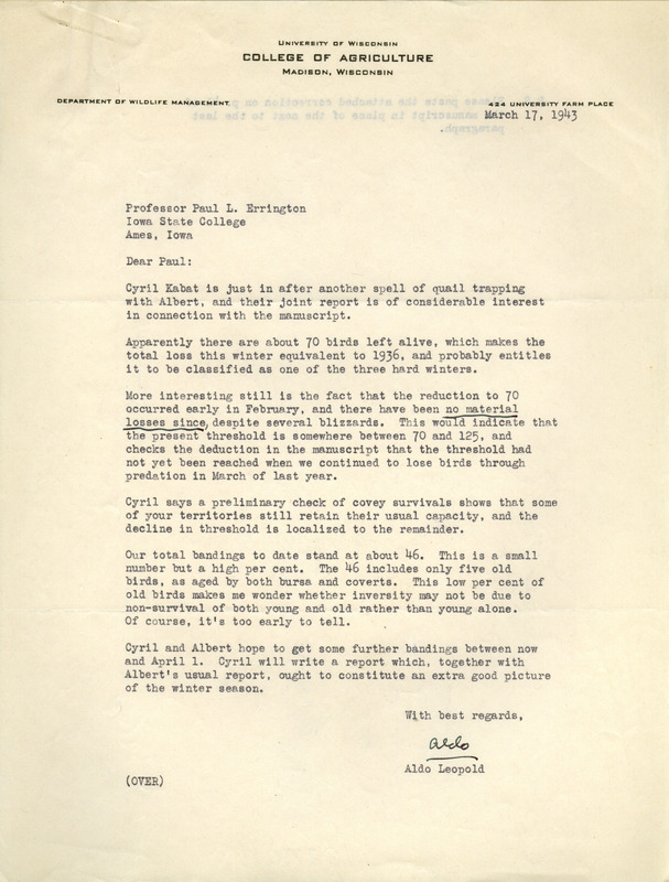 Aldo Leopold letter to Paul Errington, March 17, 1943