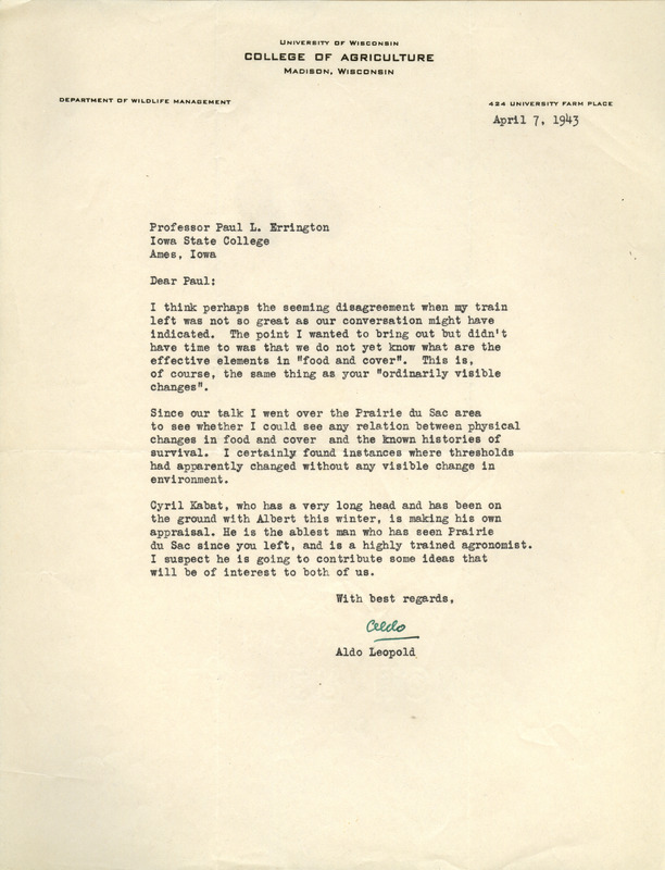 Aldo Leopold letter to Paul Errington, April 7, 1943