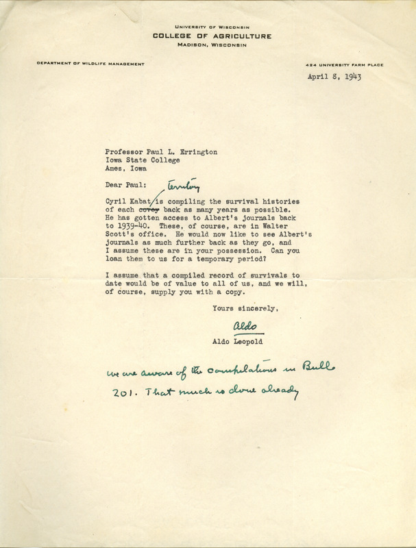 Aldo Leopold letter to Paul Errington, April 8, 1943