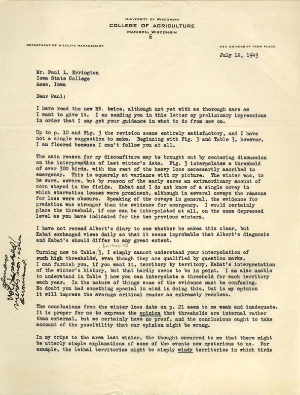 Aldo Leopold letter to Paul Errington, July 12, 1943