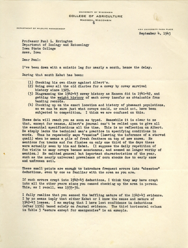 Aldo Leopold letter to Paul Errington, September 4, 1943