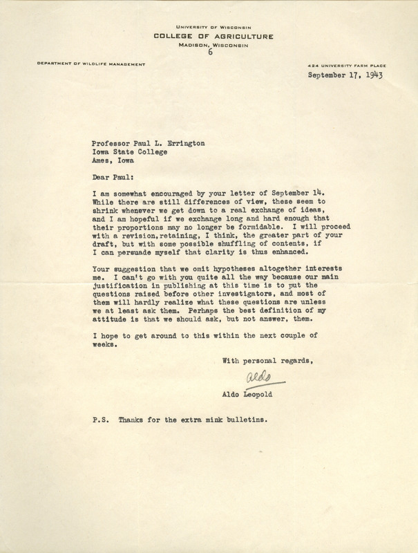 Aldo Leopold letter to Paul Errington, September 17, 1943