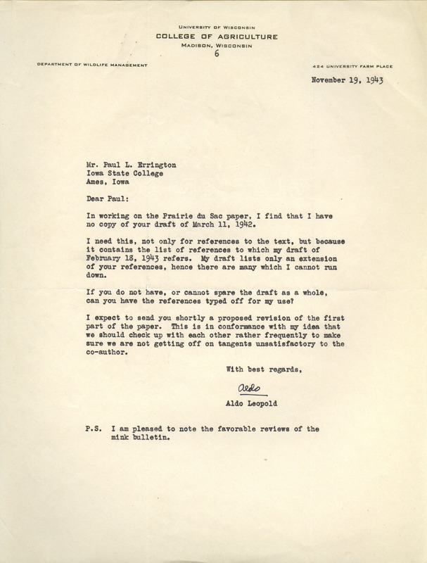 Aldo Leopold letter to Paul Errington, November 19, 1943