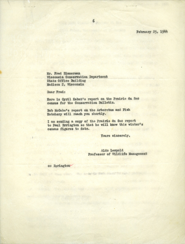 Aldo Leopold letter to Zimmerman, February 25, 1944