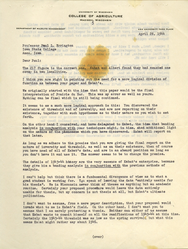 Aldo Leopold letter to Paul Errington, April 28, 1944