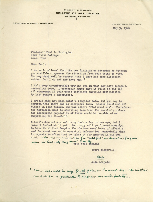 Aldo Leopold letter to Paul Errington, May 9, 1944