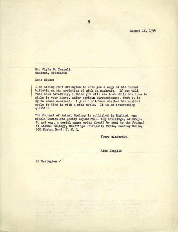 Aldo Leopold letter to Terrell, August 18, 1944