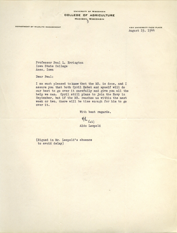 Aldo Leopold letter to Paul Errington, August 19, 1944