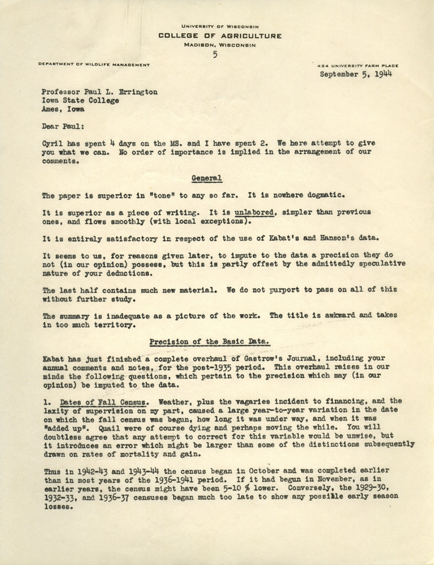 Aldo Leopold letter to Paul Errington, September 5, 1944
