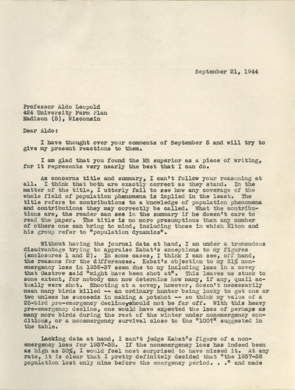 Paul Errington letter to Aldo Leopold, September 21, 1944