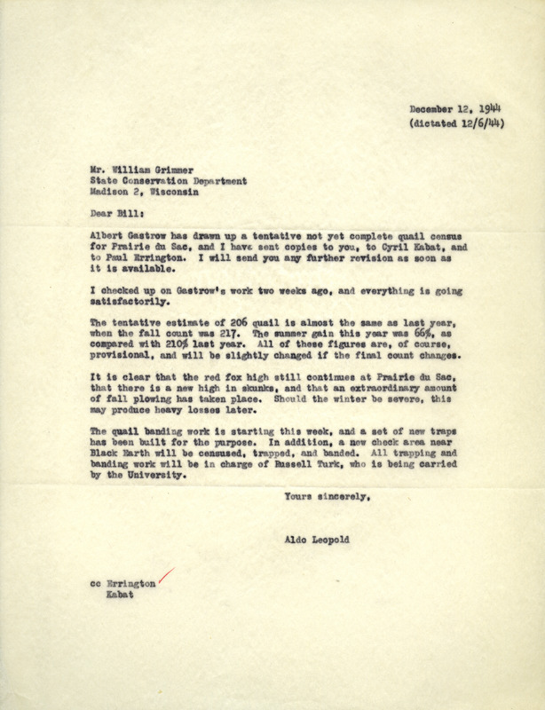 Aldo Leopold letter to Grimmer, December 12, 1944