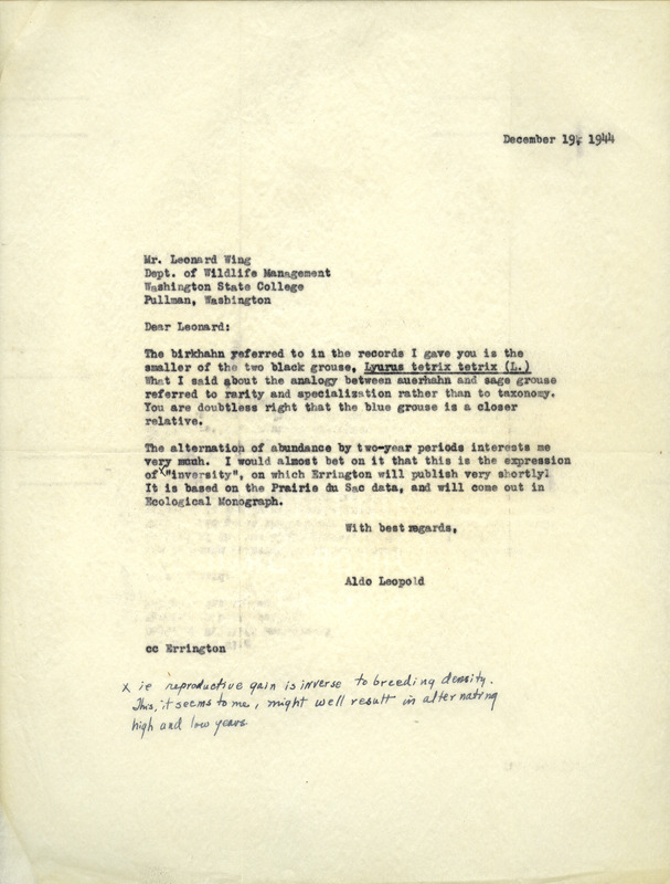 Aldo Leopold letter to Wing, December 19, 1944