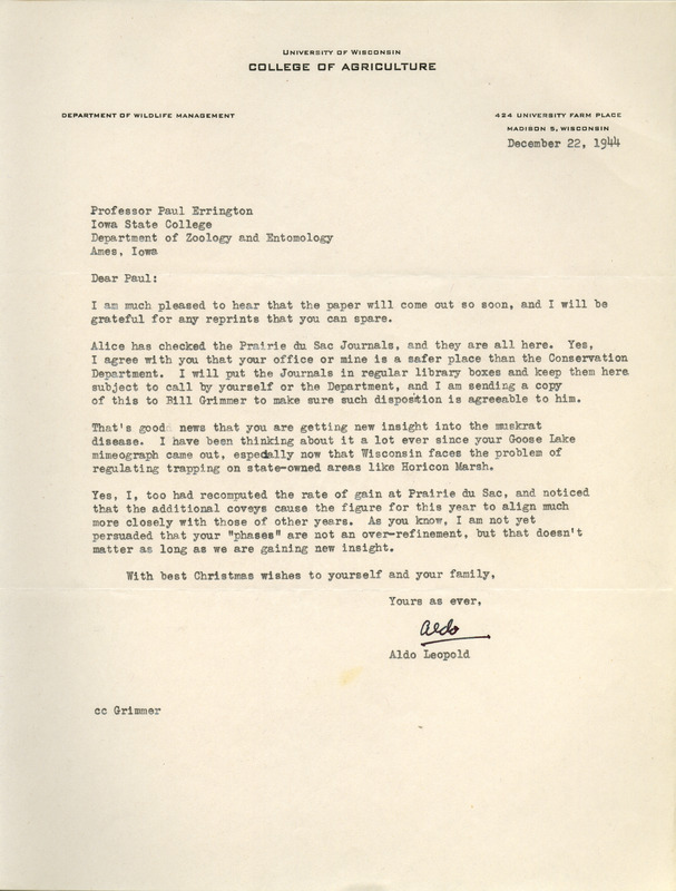 Aldo Leopold letter to Paul Errington, December 22, 1944