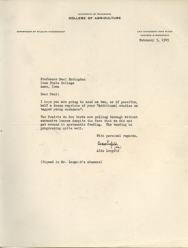 Aldo Leopold letter to Paul Errington, February 3, 1945