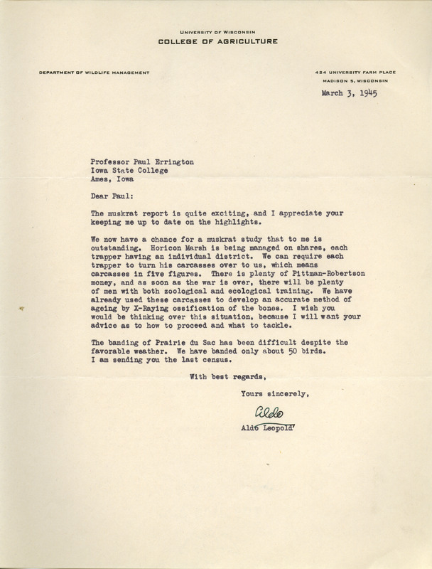 Aldo Leopold letter to Paul Errington, March 4, 1945