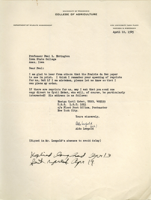 Aldo Leopold letter to Paul Errington, April 10, 1945