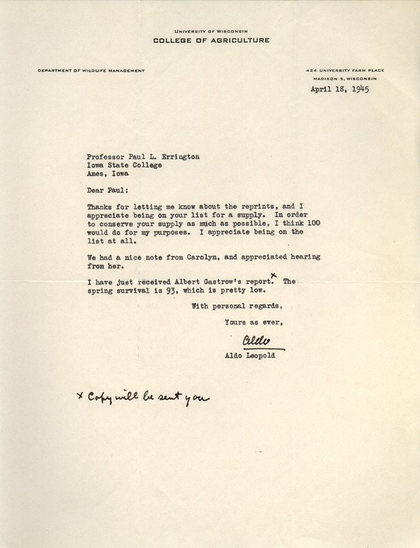 Aldo Leopold letter to Paul Errington, April 18, 1945