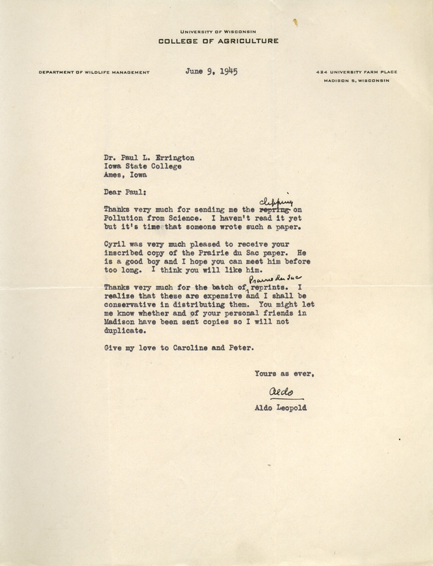 Aldo Leopold letter to Paul Errington, June 9, 1945