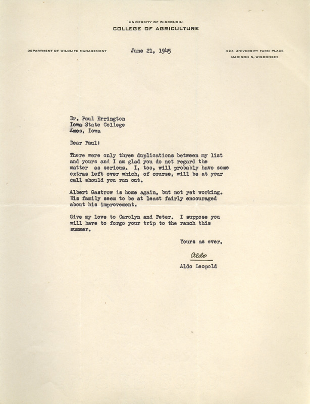 Aldo Leopold letter to Paul Errington, June 21, 1945