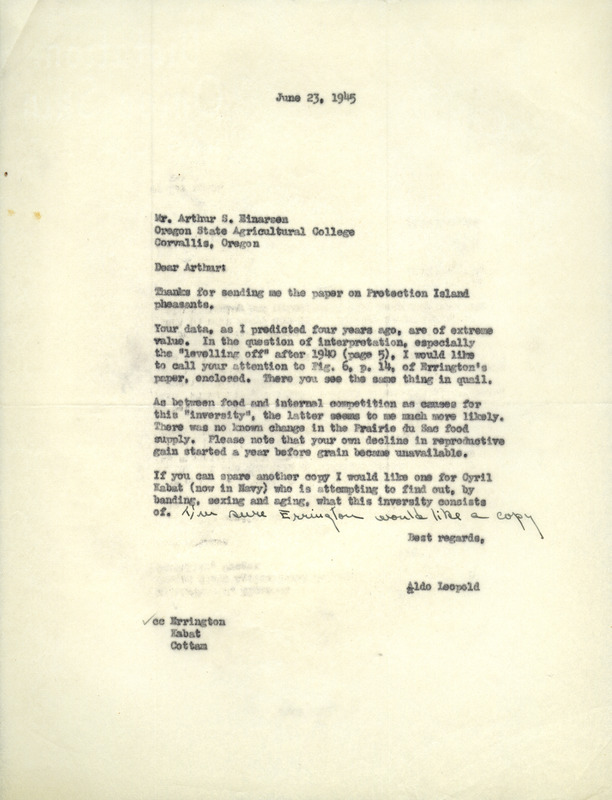 Aldo Leopold letter to Einarsen, June 23, 1945