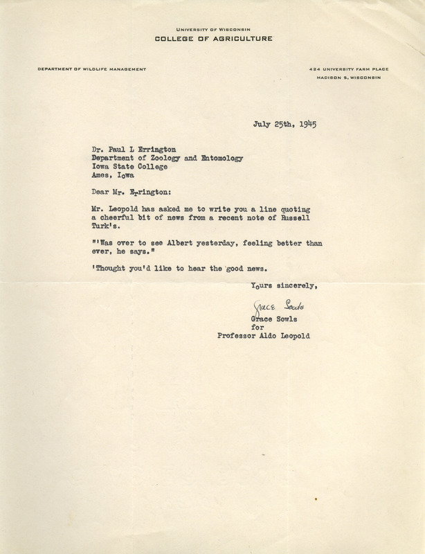 Aldo Leopold letter to Paul Errington, July 25, 1945