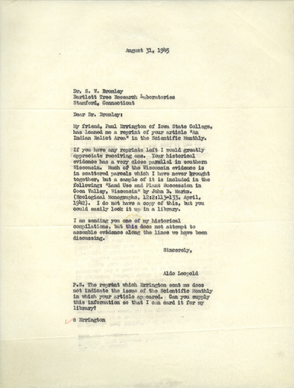 Aldo Leopold letter to Bromley, August 31, 1945