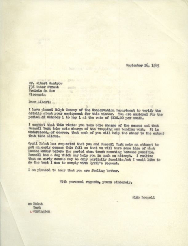 Aldo Leopold letter to Gastrow, September 26, 1945