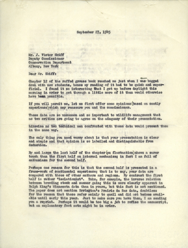 Aldo Leopold letter to Skiff, September 27, 1945