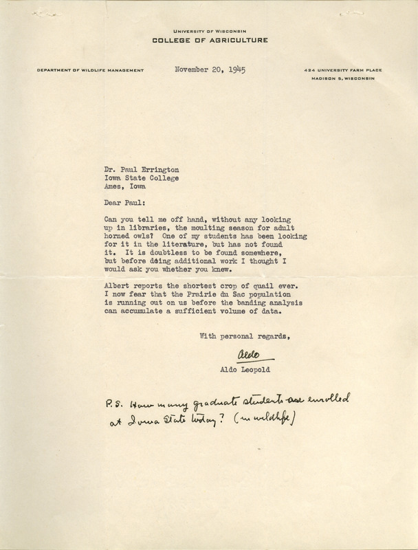 Aldo Leopold letter to Paul Errington, November 20, 1945