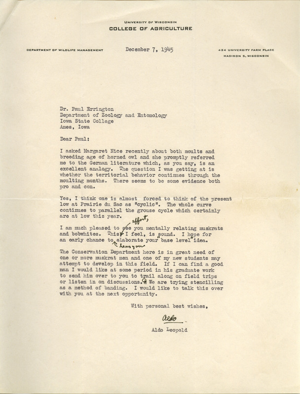 Aldo Leopold letter to Paul Errington, December 7, 1945