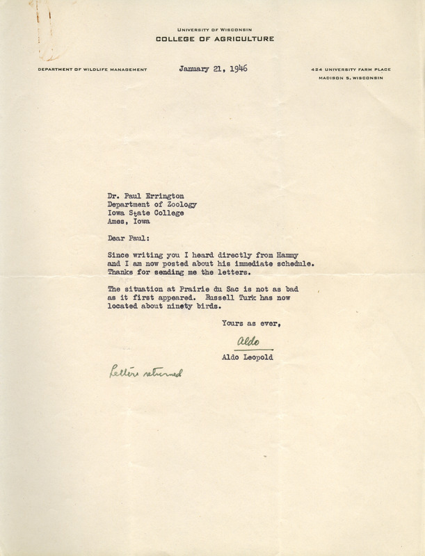 Aldo Leopold letter to Paul Errington, January 21, 1946