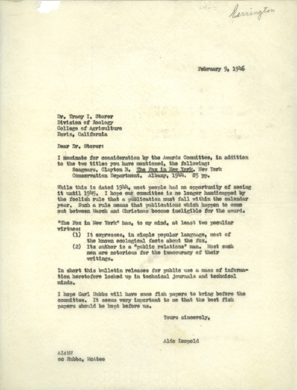 Aldo Leopold letter to Storer, February 9, 1946