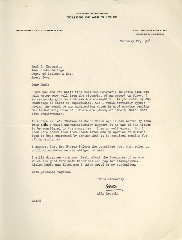 Aldo Leopold letter to Paul Errington, February 22, 1946