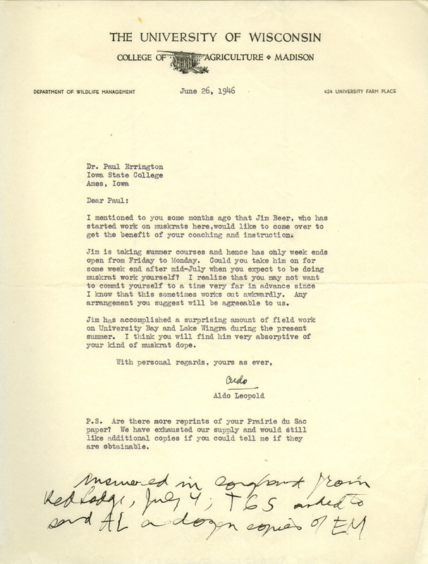 Aldo Leopold letter to Paul Errington, June 26, 1946
