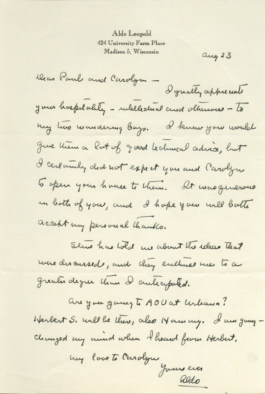 Aldo Leopold letter to Paul Errington, August 23, 1946