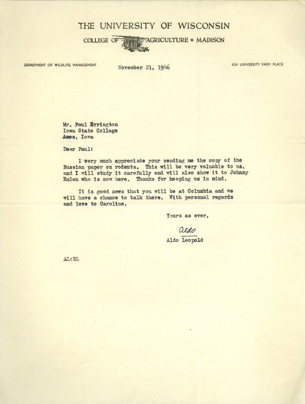 Aldo Leopold letter to Paul Errington, November 21, 1946