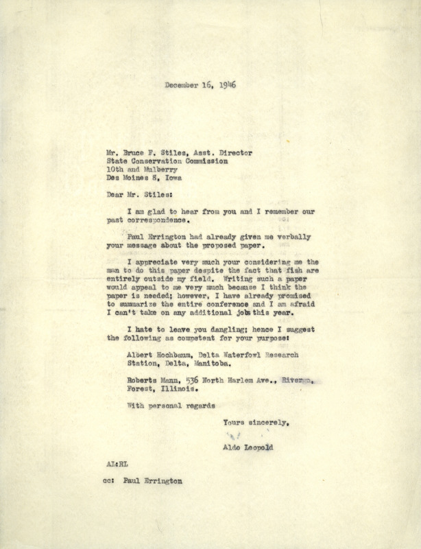 Aldo Leopold letter to Stiles, December 16, 1946