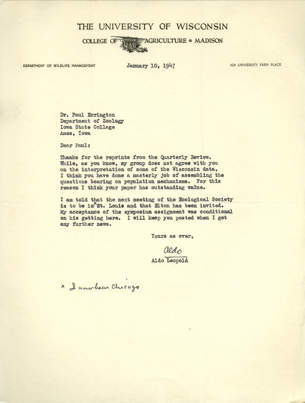Aldo Leopold letter to Paul Errington, January 10, 1947