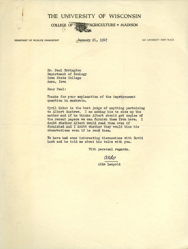 Aldo Leopold letter to Paul Errington, January 21, 1947