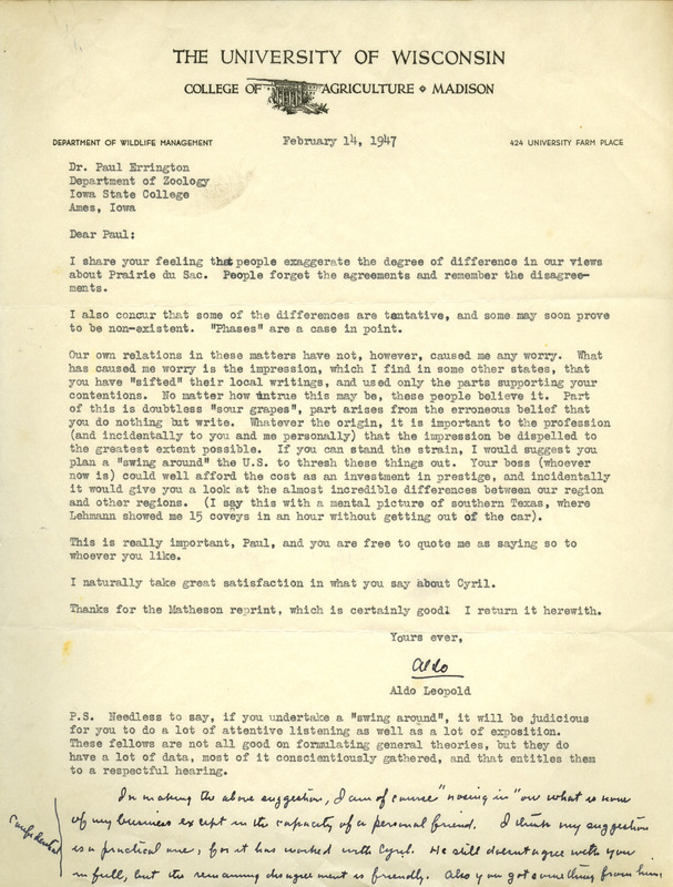 Aldo Leopold letter to Paul Errington, February 14, 1947