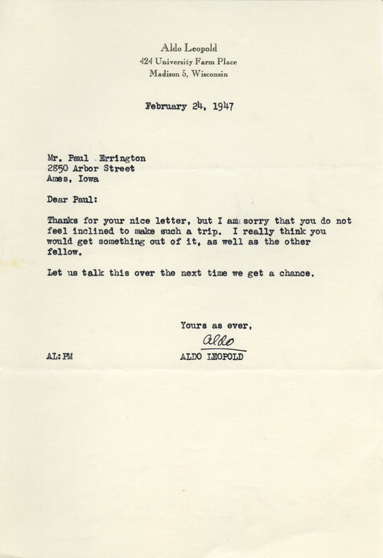 Aldo Leopold letter to Paul Errington, February 24, 1947