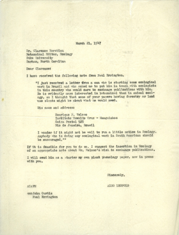 Aldo Leopold letter to Korstian, March 21, 1947