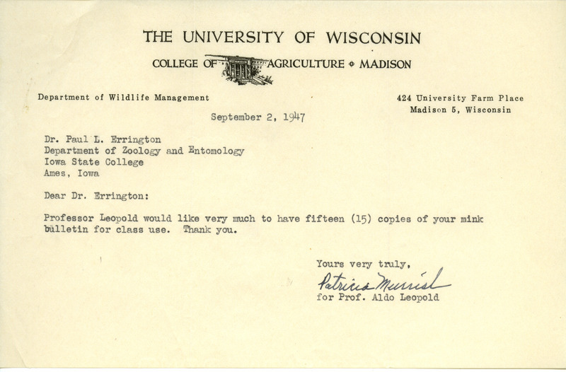 Aldo Leopold letter to Paul Errington, September 2, 1947