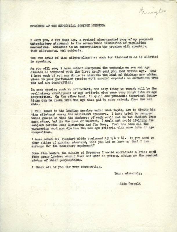 Aldo Leopold letter to Paul Errington, December 1947 follow up