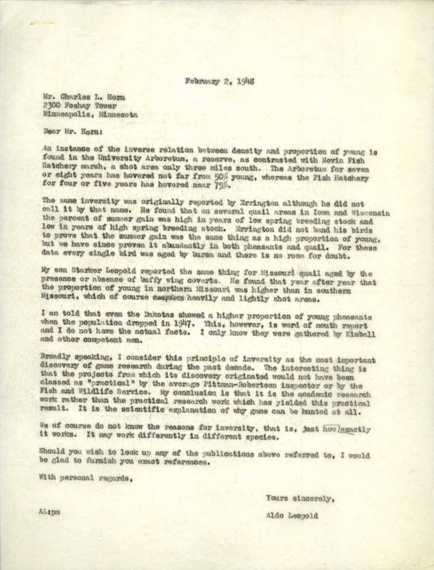 Aldo Leopold letter to Horn, February 2, 1948