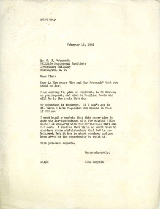 Aldo Leopold letter to Cutermuth, February 18, 1948
