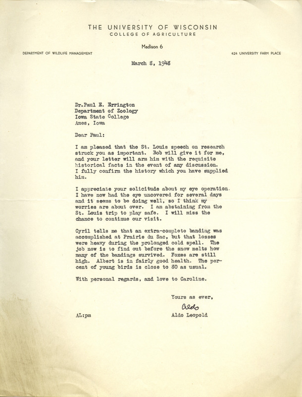 Aldo Leopold letter to Paul Errington, March 8, 1948
