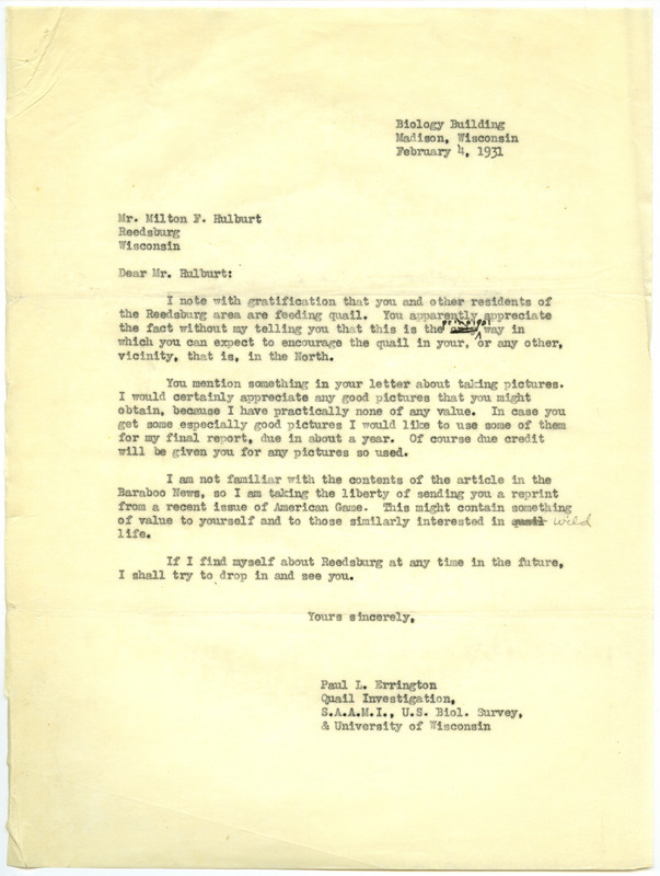 Paul L. Errington letter, February 4, 1931